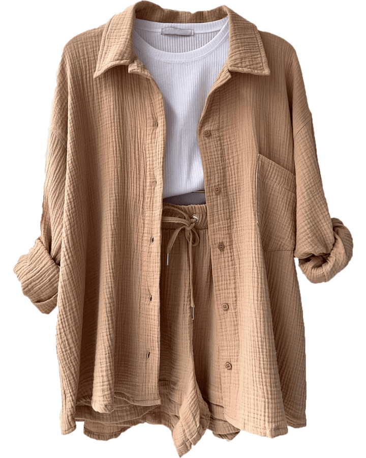 Two-piece women's summer outfit with shirt and trousers – Mila-Khaki-S-State of Style