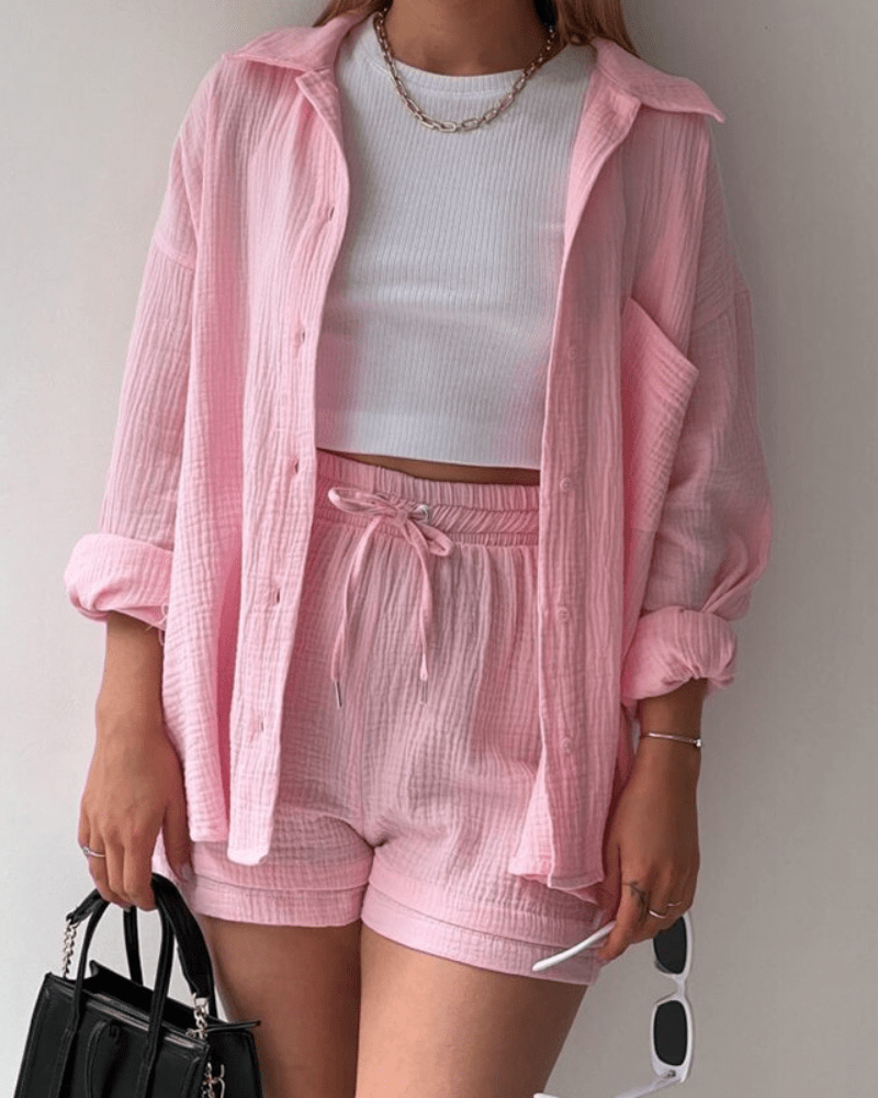 Two-piece women's summer outfit with shirt and trousers – Mila-Light pink-S-State of Style