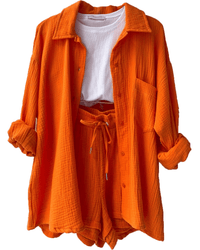 Two-piece women's summer outfit with shirt and trousers – Mila-Orange-S-State of Style