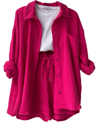 Two-piece women's summer outfit with shirt and trousers – Mila-Pink-S-State of Style