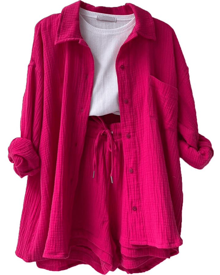 Two-piece women's summer outfit with shirt and trousers – Mila-Pink-S-State of Style