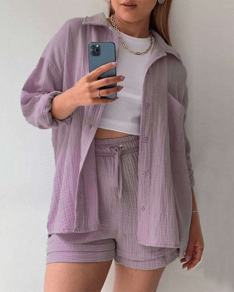 Two-piece women's summer outfit with shirt and trousers – Mila-Violet-S-State of Style