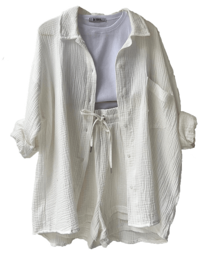 Two-piece women's summer outfit with shirt and trousers – Mila-White-S-State of Style
