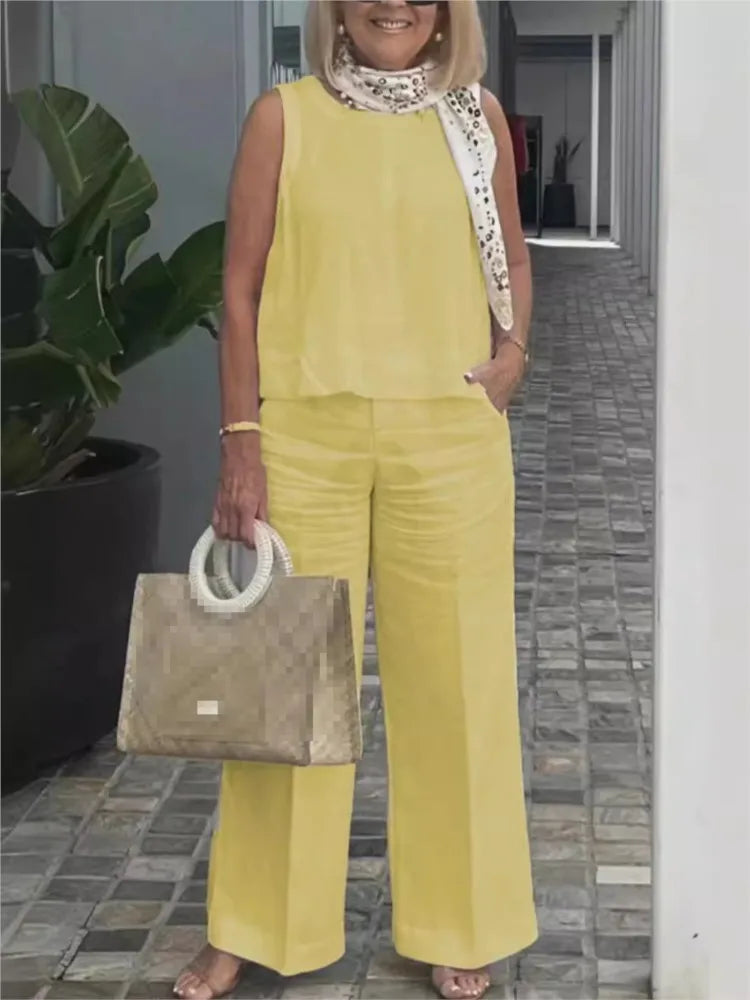 Two-piece women's summer set made of linen with sleeveless blouse – Maelis-Yellow-S-State of Style