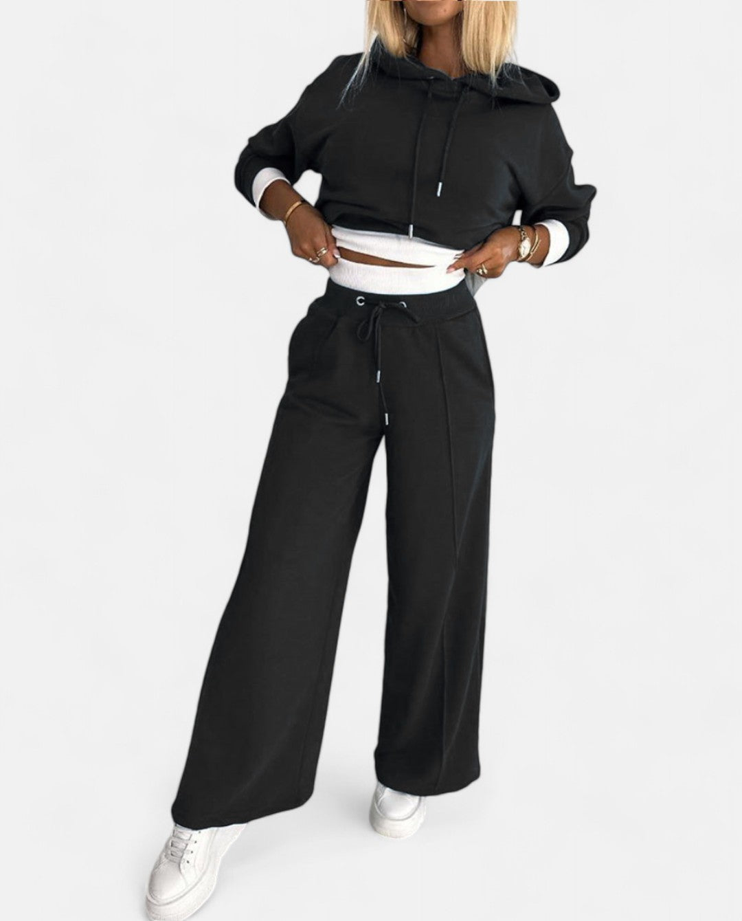 Two-Tone Hoodie Set with Wide-Leg Pants - Isabelle-Black-S-State of Style