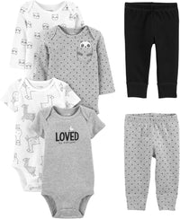 Unisex Baby 6-Piece Clothing Set-Black/Grey Text Print/White Llama/Panda-0-3 months-State of Style