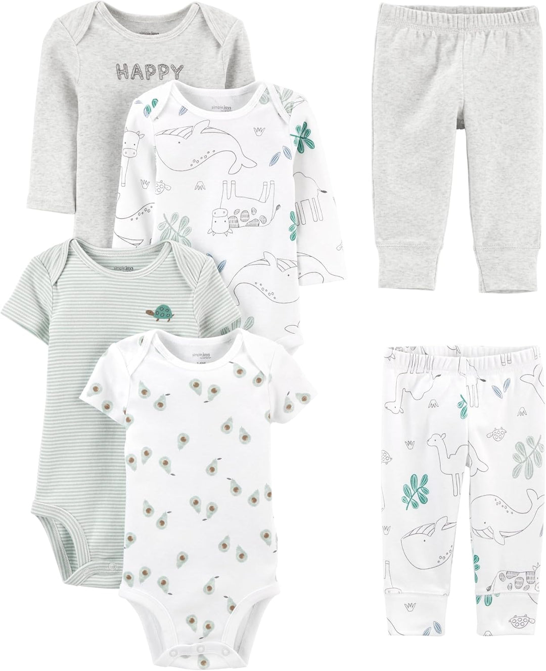 Unisex Baby 6-Piece Clothing Set-Grey Heather/White Animal Print/Avocados/Stripe/Text Print-0-3 months-State of Style