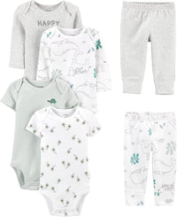 Unisex Baby 6-Piece Clothing Set-Grey Heather/White Animal Print/Avocados/Stripe/Text Print-0-3 months-State of Style