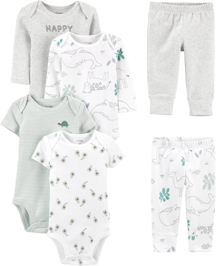 Unisex Baby 6-Piece Clothing Set-Grey Heather/White Animal Print/Avocados/Stripe/Text Print-0-3 months-State of Style