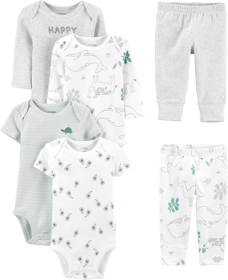 Unisex Baby 6-Piece Clothing Set-Grey Heather/White Animal Print/Avocados/Stripe/Text Print-0-3 months-State of Style