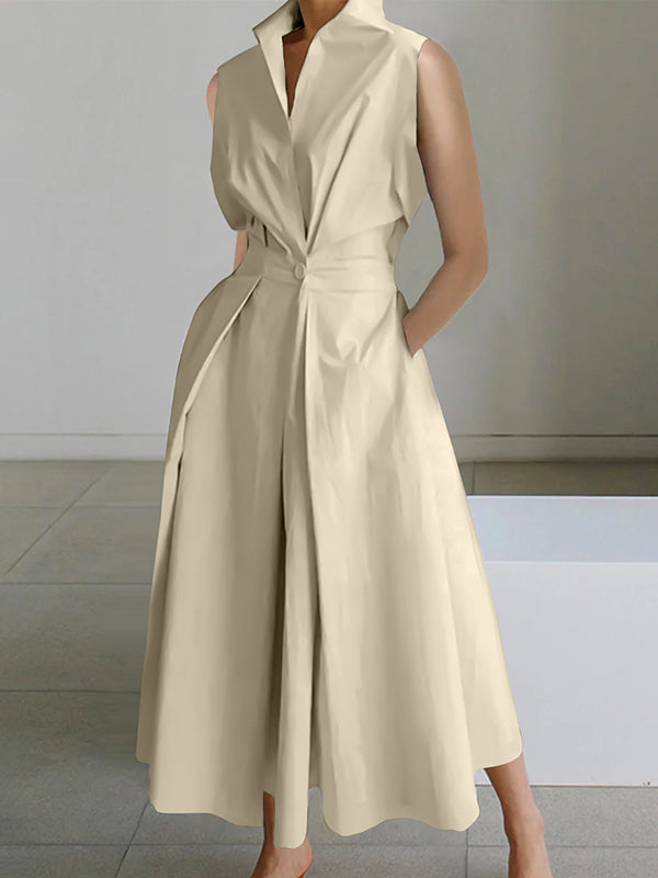Urban White Shirt Collar Cotton Dress-Beige-32-State of Style