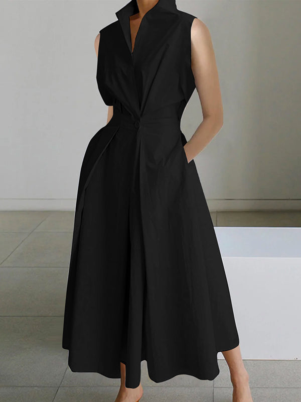 Urban White Shirt Collar Cotton Dress-Black-32-State of Style