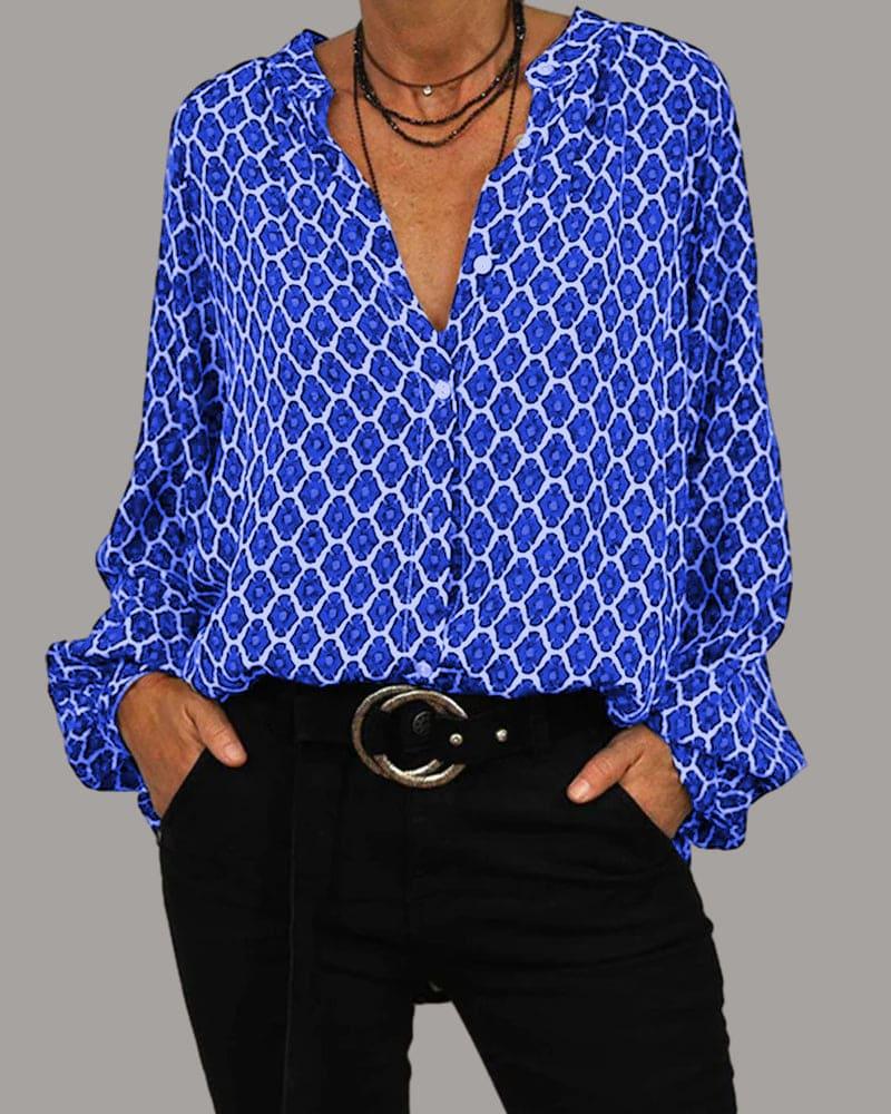V-Neck Blouse with Long Sleeves - Elena-Blue-XS-State of Style