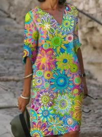 V-Neck Dress with Floral Print - Luna-Green-S-State of Style