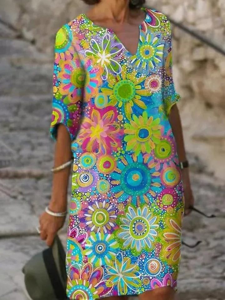 V-Neck Dress with Floral Print - Luna-Green-S-State of Style