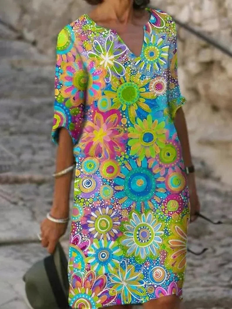 V-Neck Dress with Floral Print - Luna-Green-S-State of Style