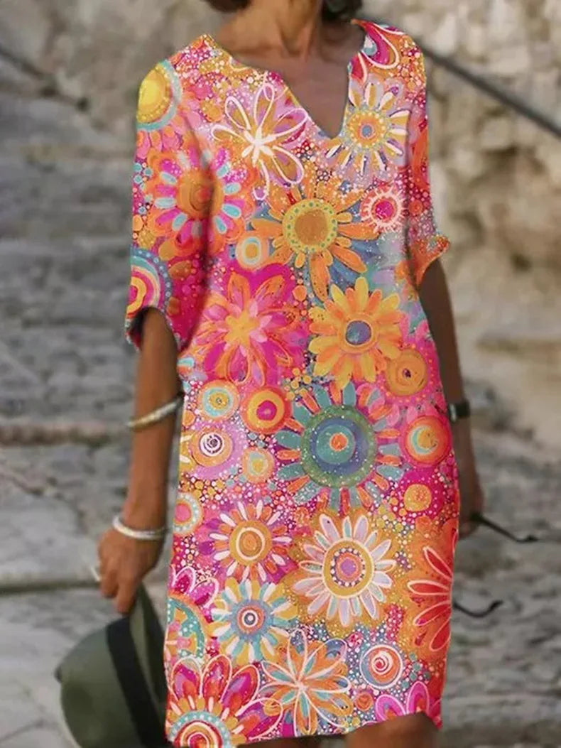 V-Neck Dress with Floral Print - Luna-Pink-S-State of Style