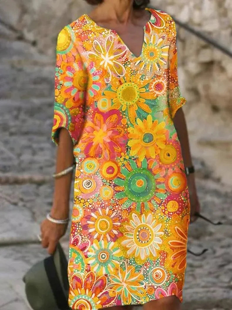 V-Neck Dress with Floral Print - Luna-Yellow-S-State of Style