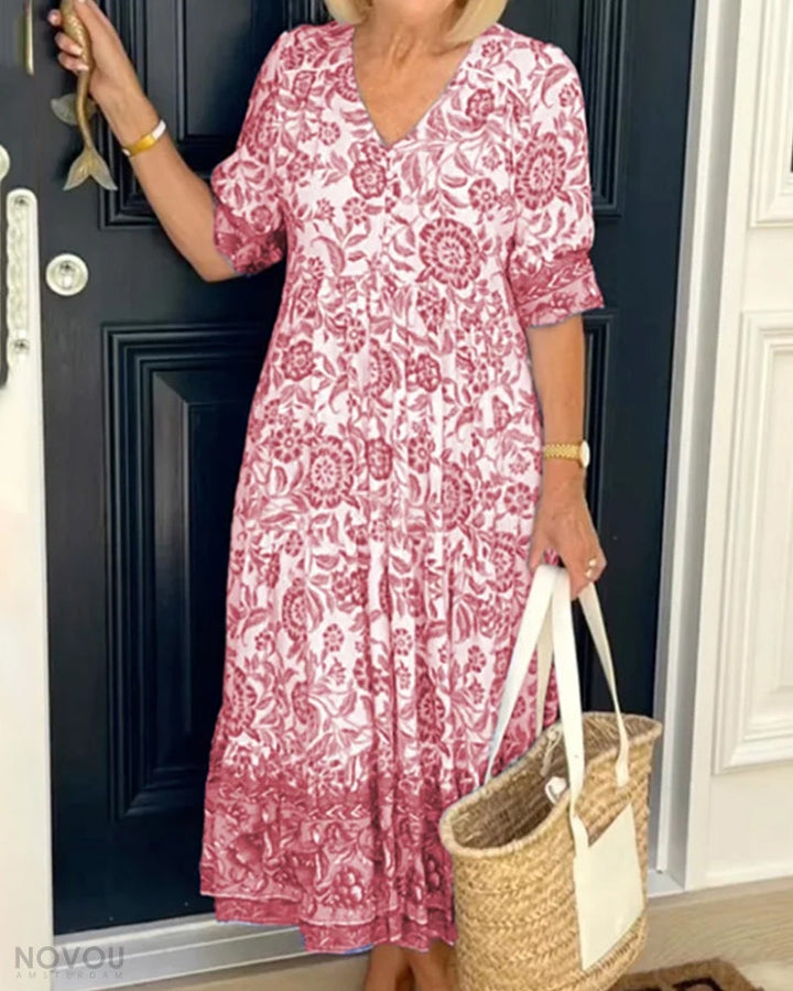 V-Neck Floral Dress – Soléna-Red-S-State of Style