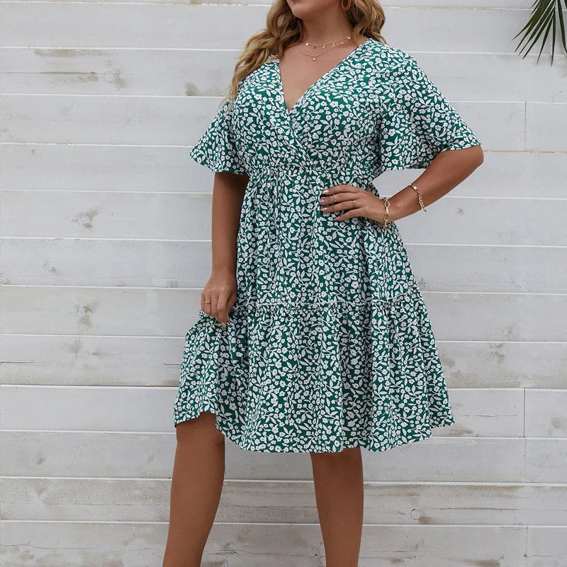 V-Neck Floral Print Plus Size Summer Dress-Black-2XL-State of Style
