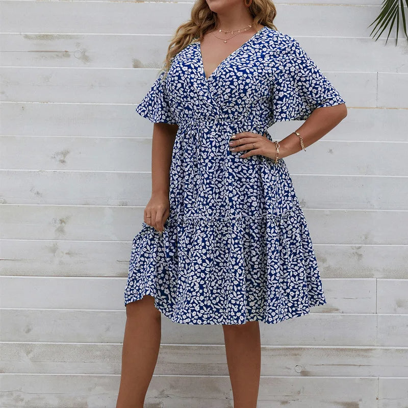 V-Neck Floral Print Plus Size Summer Dress-Black-2XL-State of Style