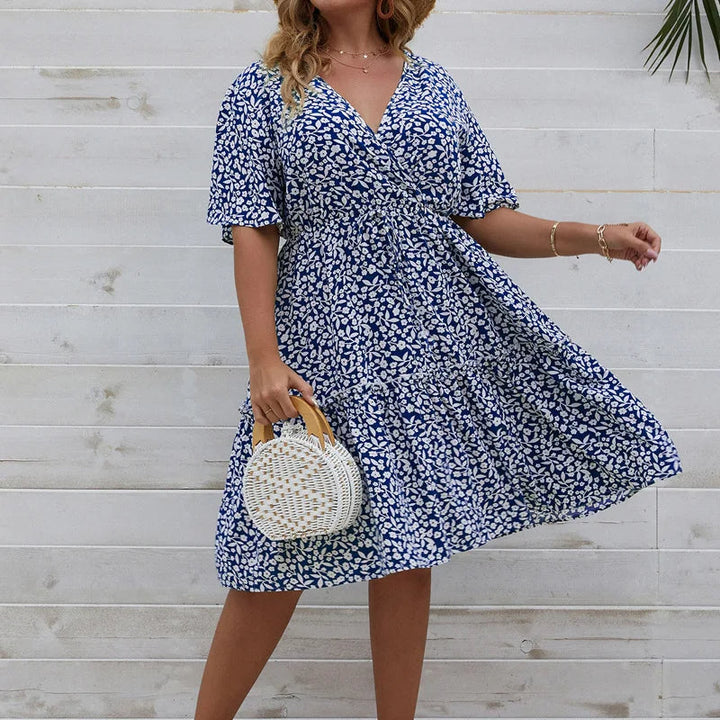 V-Neck Floral Print Plus Size Summer Dress-Blue-2XL-State of Style