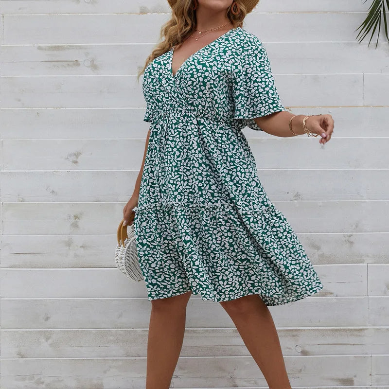 V-Neck Floral Print Plus Size Summer Dress-Green-2XL-State of Style