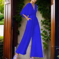 V-neck Jumpsuit with Three-Quarter Sleeves - Aurora Chic-Blue-S-State of Style