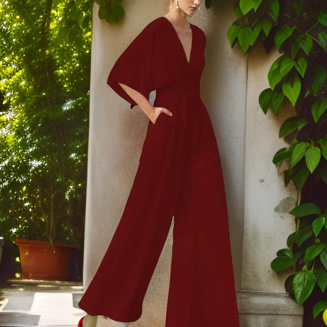 V-neck Jumpsuit with Three-Quarter Sleeves - Aurora Chic-Dark Red-S-State of Style