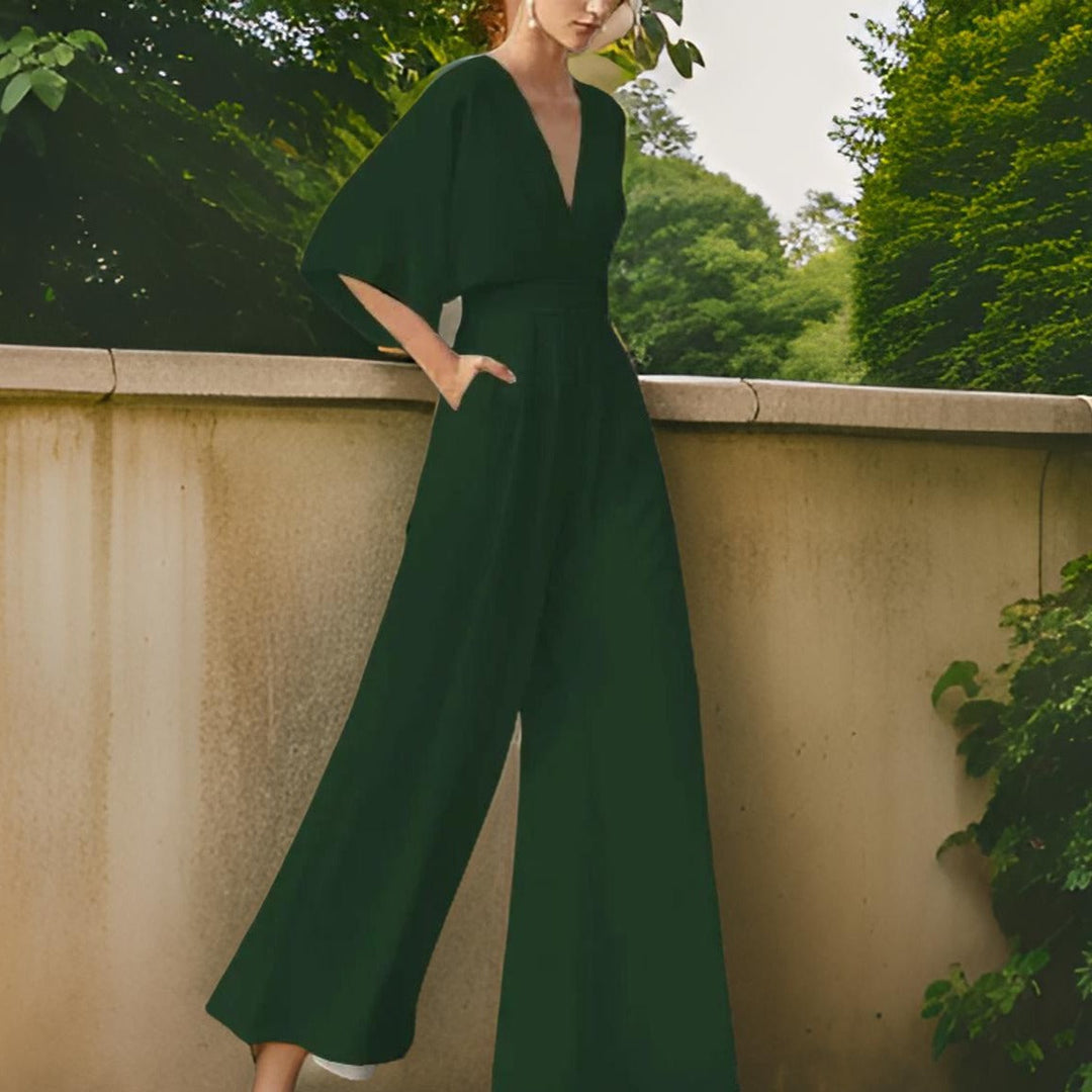 V-neck Jumpsuit with Three-Quarter Sleeves - Aurora Chic-Green-S-State of Style