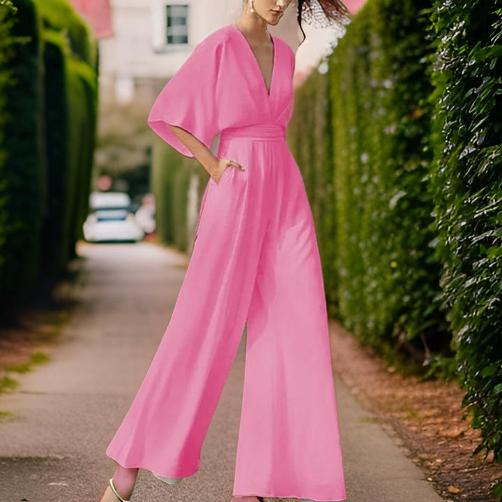 V-neck Jumpsuit with Three-Quarter Sleeves - Aurora Chic-Pink-S-State of Style