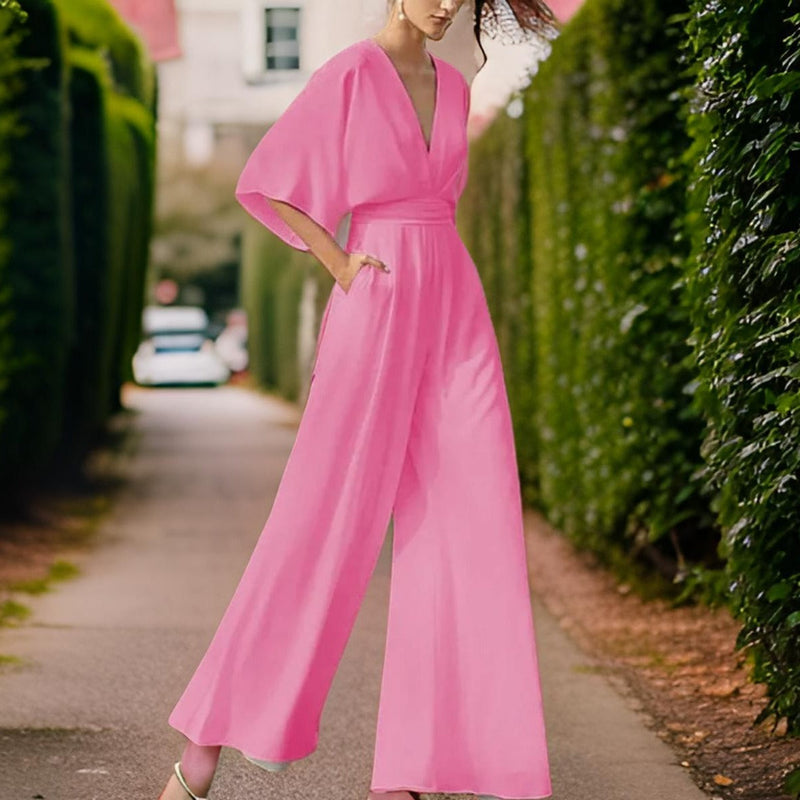 V-neck Jumpsuit with Three-Quarter Sleeves - Aurora Chic-Pink-S-State of Style