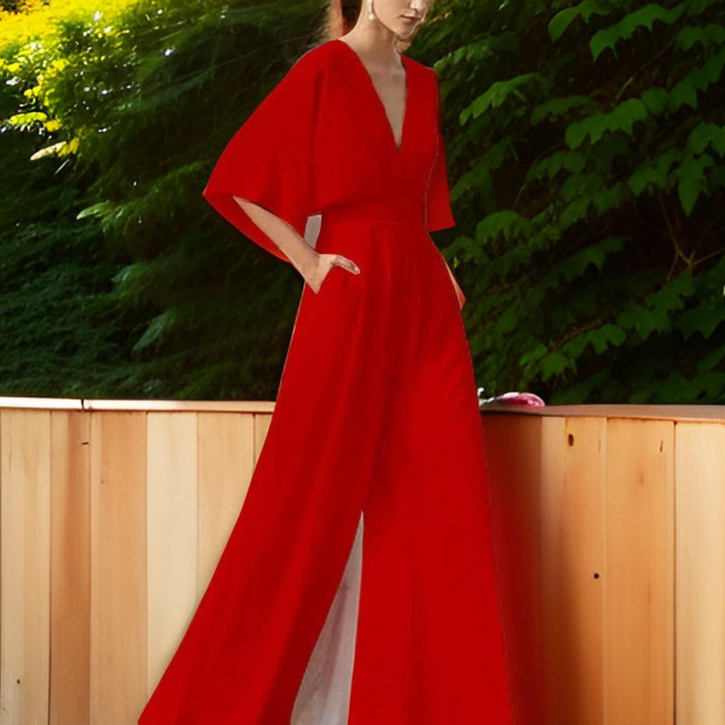 V-neck Jumpsuit with Three-Quarter Sleeves - Aurora Chic-Red-S-State of Style