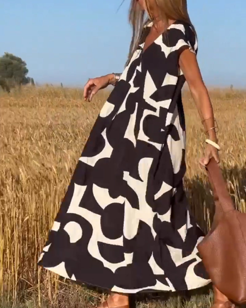 V-Neck Maxi Dress with Print - Bella-Black-S-State of Style