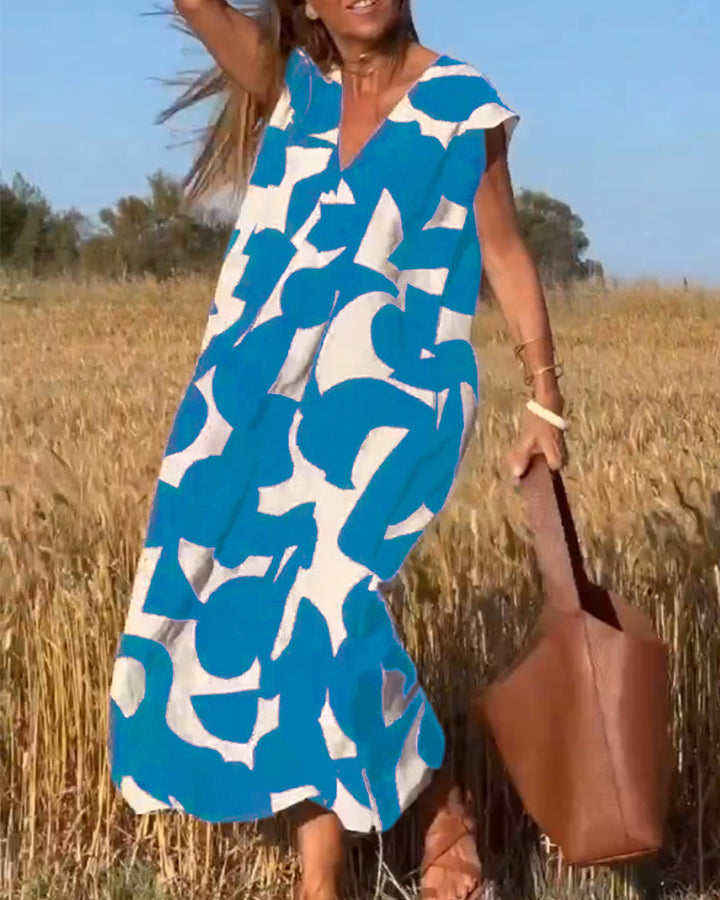 V-Neck Maxi Dress with Print - Bella-Blue-S-State of Style