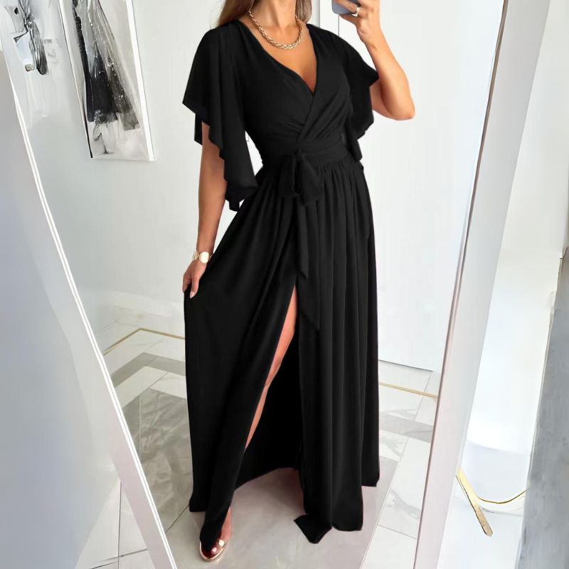 V-neck summer dress with bell sleeves – Sofia-Black-S-State of Style