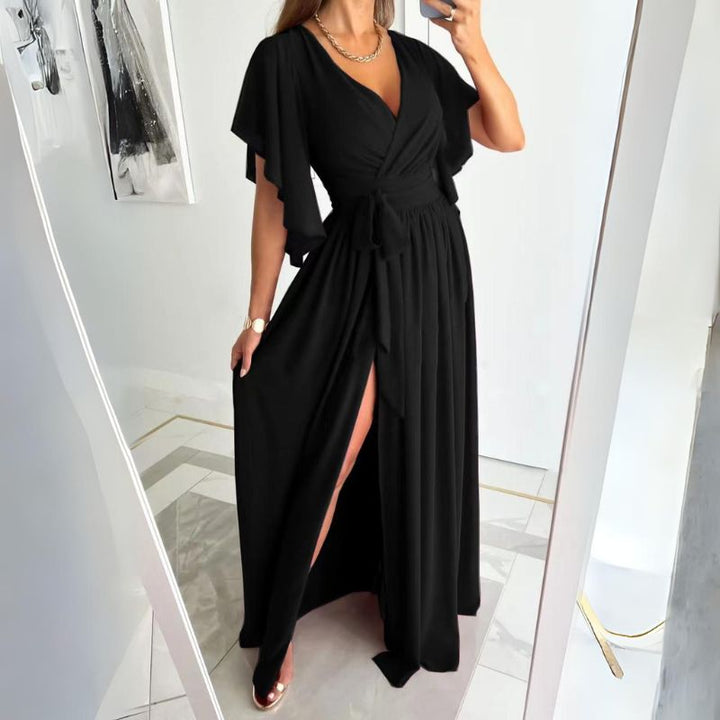 V-neck summer dress with bell sleeves – Sofia-Black-S-State of Style