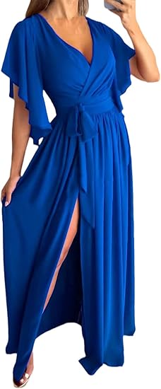 V-neck summer dress with bell sleeves – Sofia-Blue-S-State of Style