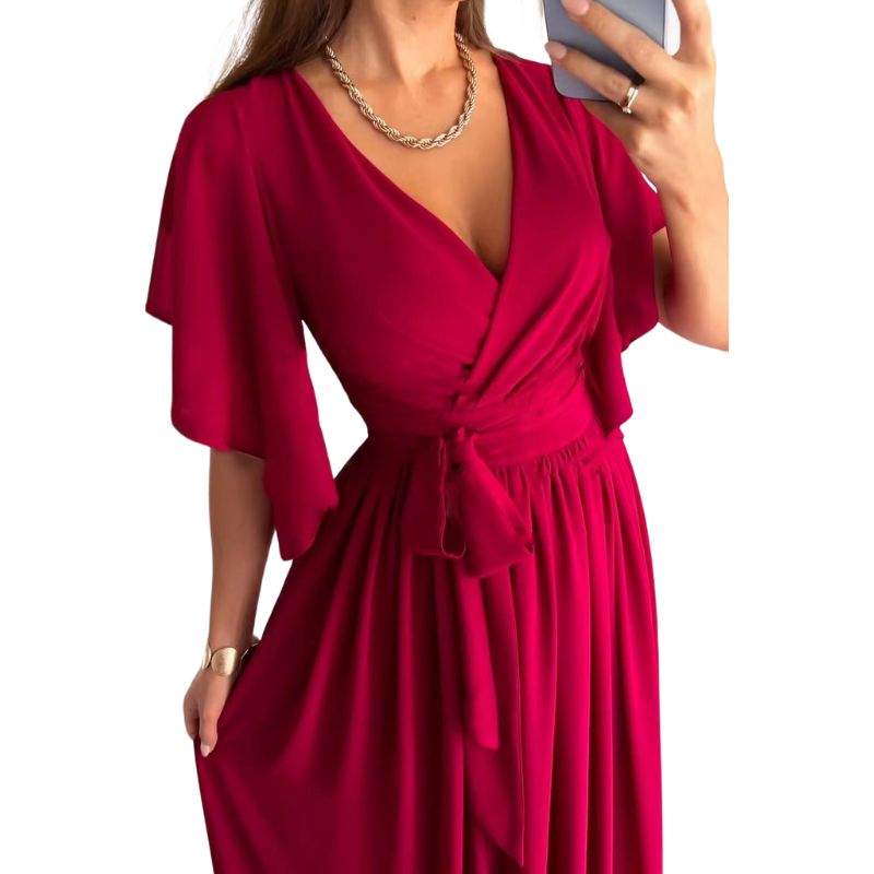 V-neck summer dress with bell sleeves – Sofia-Red-S-State of Style
