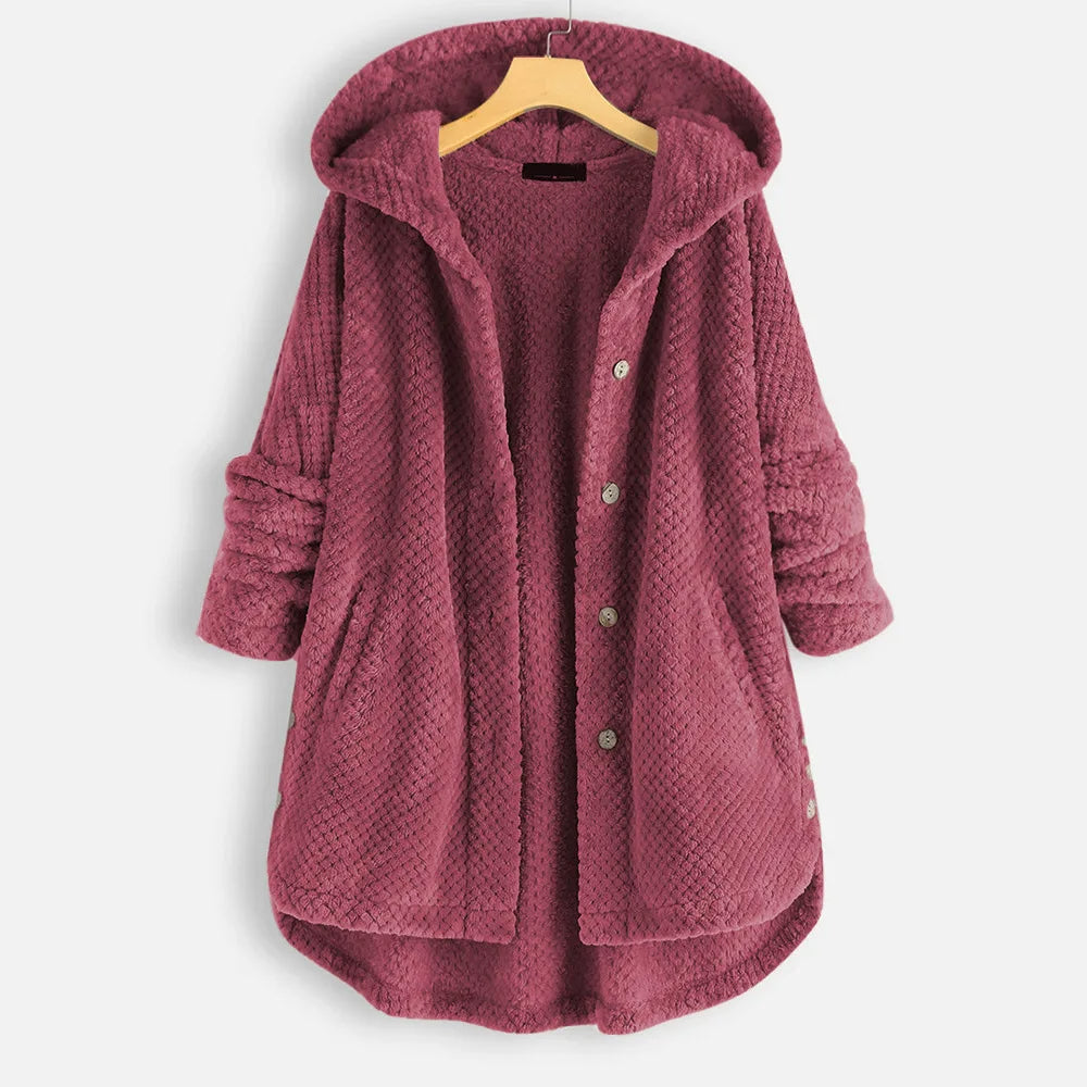 Velvet Chic Plus-Size Winter Coat with Hood-Wine Red-2XL-State of Style