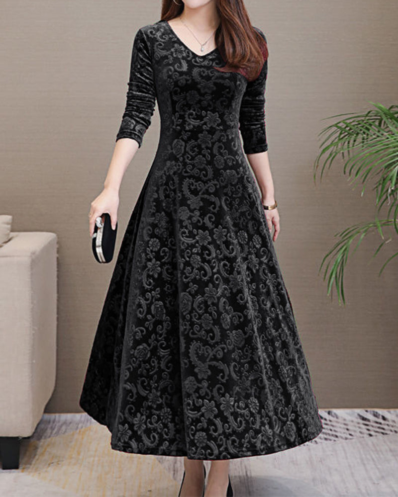 Velvet Midi Dress with Long Sleeves - Selina-Black-M-State of Style