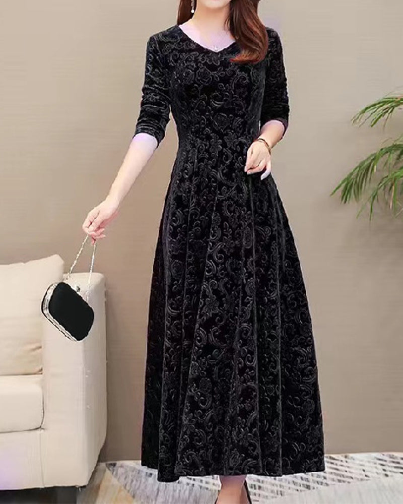 Velvet Midi Dress with Long Sleeves - Selina-Wine Red-M-State of Style