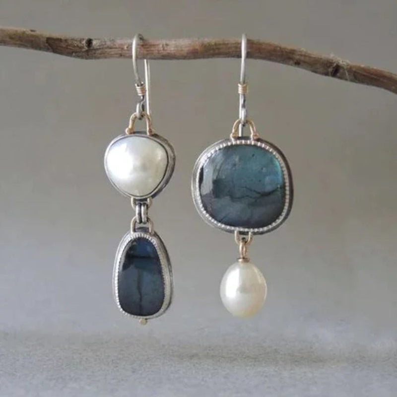 Vintage Earrings with Blue Natural Stone and Pearl - Amalina-State of Style