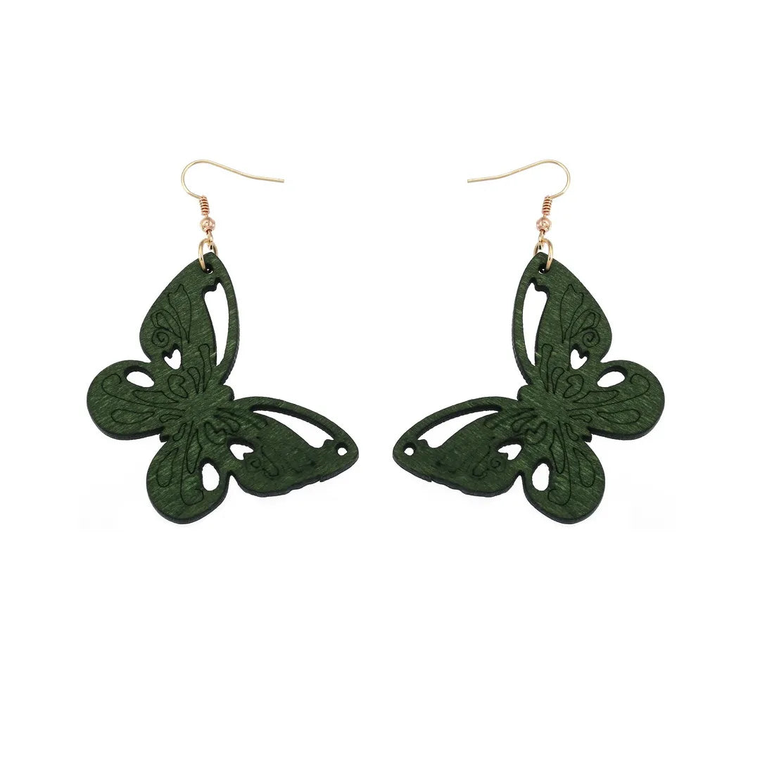 Vintage Green Carved Wooden Earrings | Unique Handmade Jewellery-BUTTERFLY-State of Style
