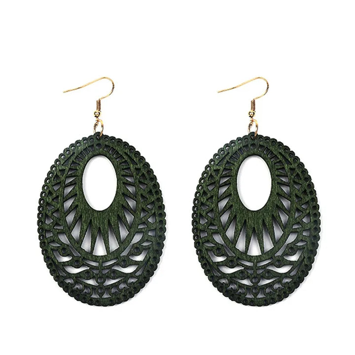 Vintage Green Carved Wooden Earrings | Unique Handmade Jewellery-OVAL-State of Style