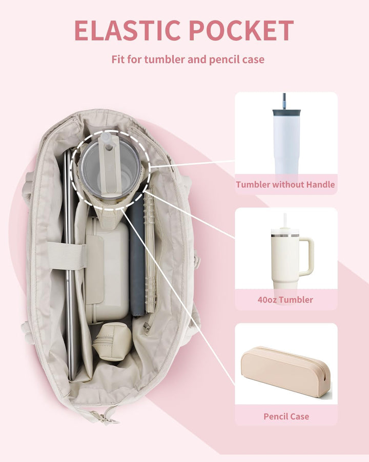 Quilted Puffer Tote with Cup Holder & Laptop Sleeve for Travel and Work