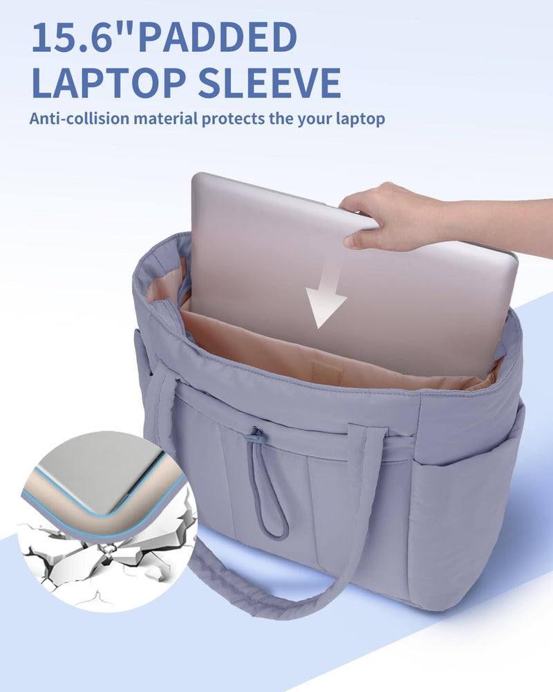 Quilted Puffer Tote with Cup Holder & Laptop Sleeve for Travel and Work