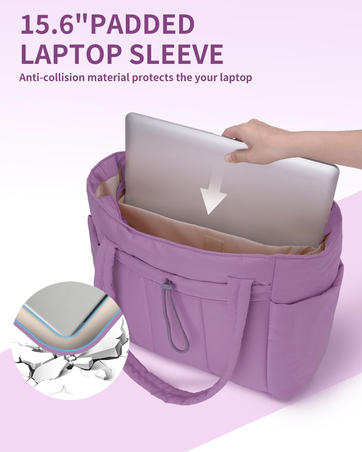 Quilted Puffer Tote with Cup Holder & Laptop Sleeve for Travel and Work