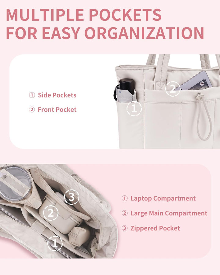 Quilted Puffer Tote with Cup Holder & Laptop Sleeve for Travel and Work