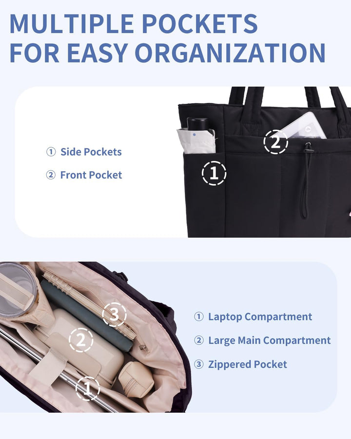 Quilted Puffer Tote with Cup Holder & Laptop Sleeve for Travel and Work